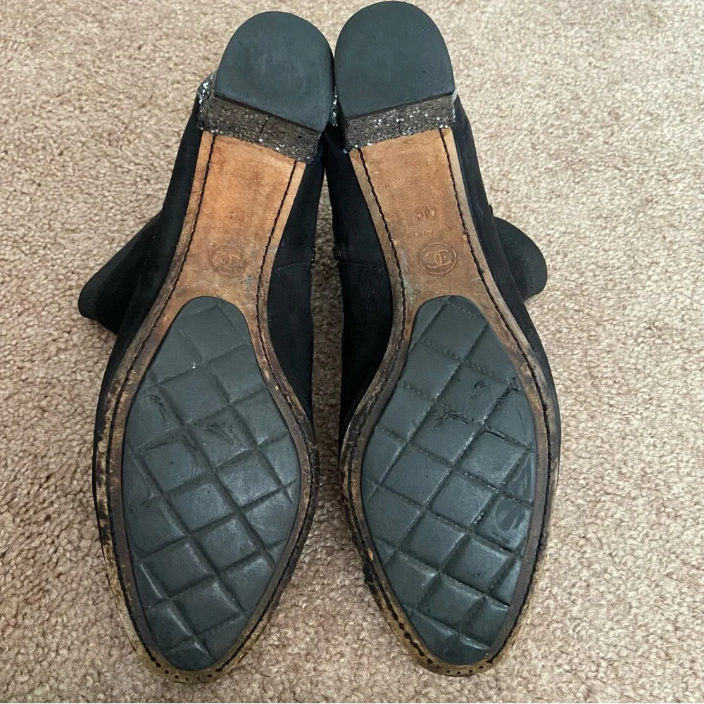 Chanel Black Suede Ankle Boots Booties with Glitters Heels and Toes